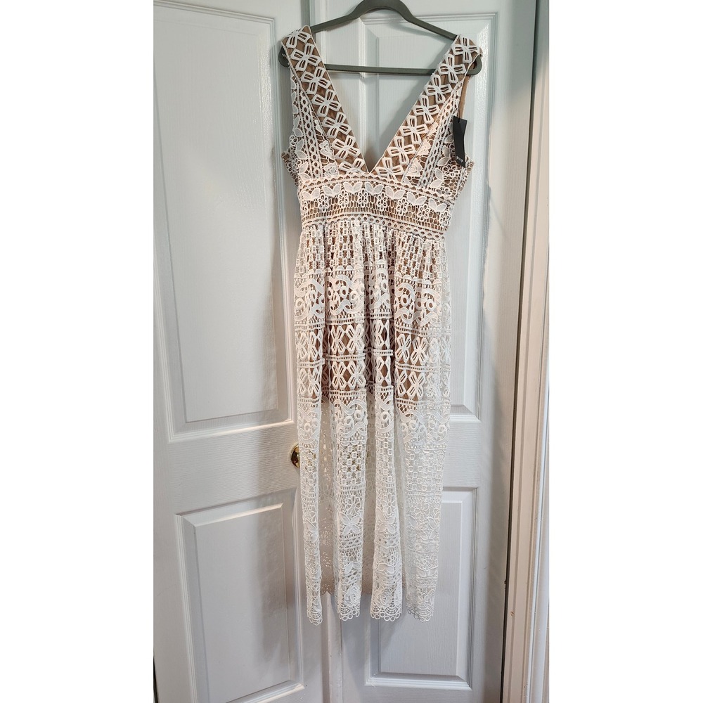 Nasty Gal Eyelet Midi Dress Women Large V-neck Bohomean‎ Beachy Summer White NWT